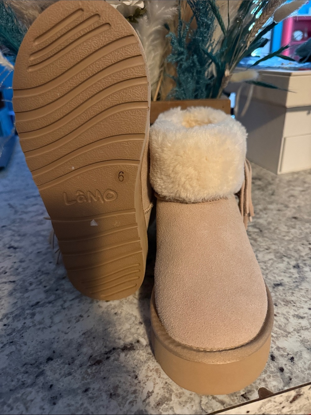 Lamo Beige Suede Faux-Fur Cuff Slip-On Booties